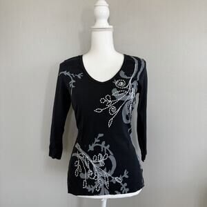 Vintage Tryst Y2K Woman’s Top Black Sz M 3/4 Sleeve V-neck Whimsigoth Celestial